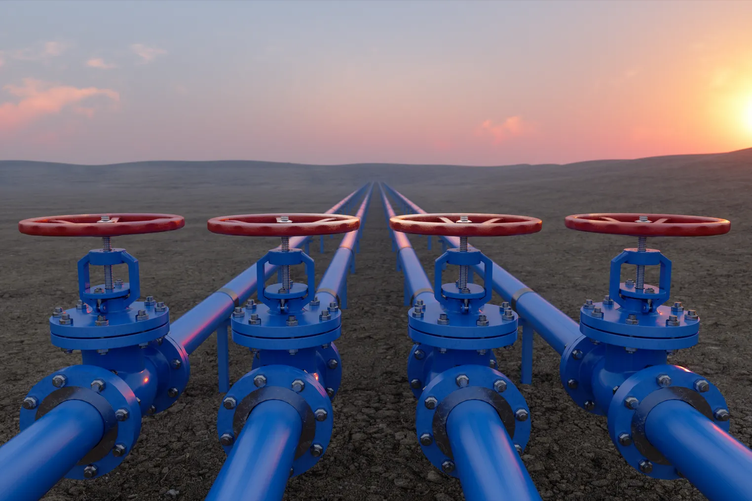 Oil Or Gas Transportation With Blue Gas Or Pipe Line Valves On Soil And Sunrise Background